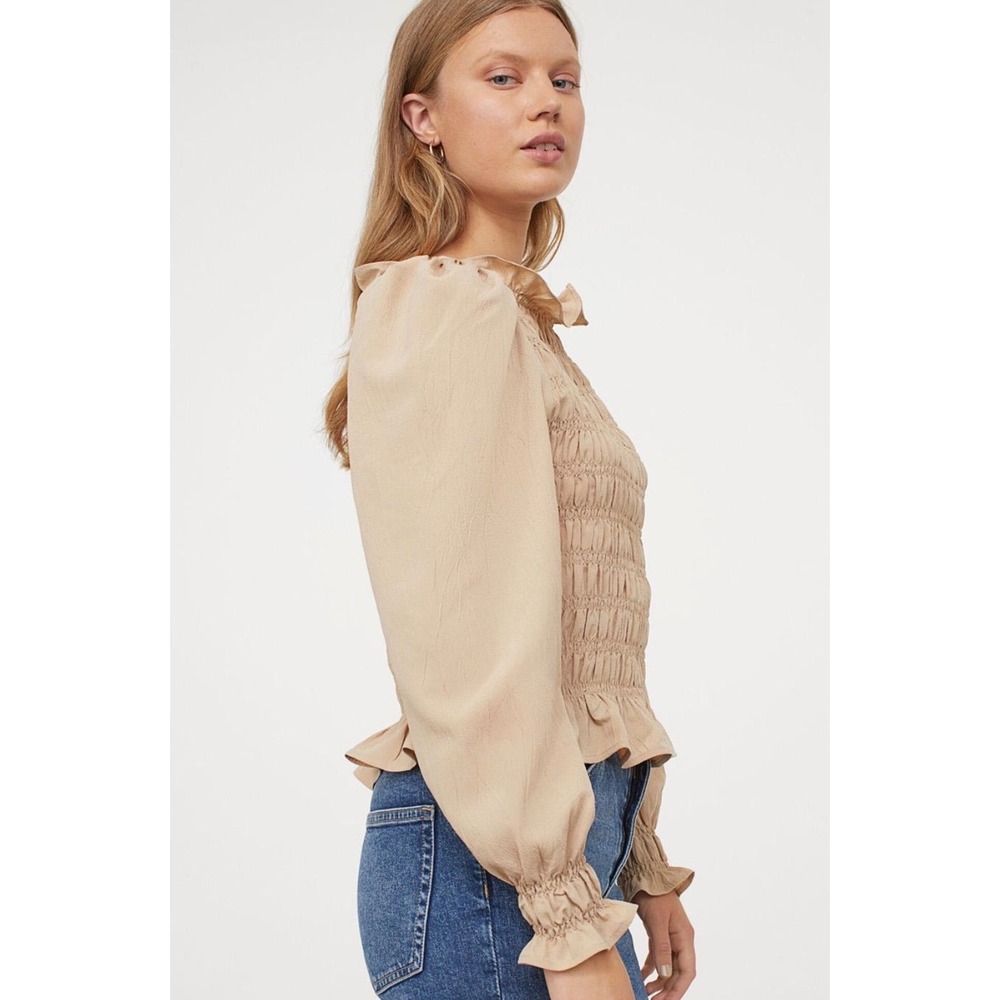 HM Women Beige Smocked Ruffle Neck Long Sleeve Peplum Top Blouse 0881942 M